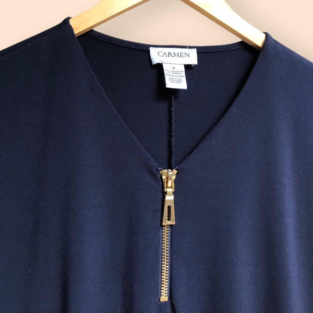 Carmen Marc Valvo Navy Blue Short Sleeved Blouse Top Gold Zipper Women’s Small - Picture 5 of 9